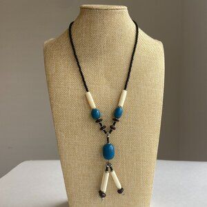 Long Dangle Necklace Black, White & Blue Beads